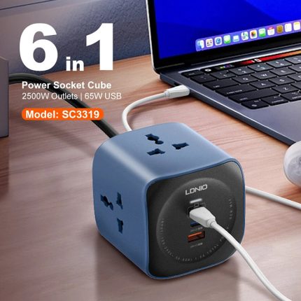 LDNIO SC3319 6-in-1 65W Power Socket Cube – 2500W Universal Outlet